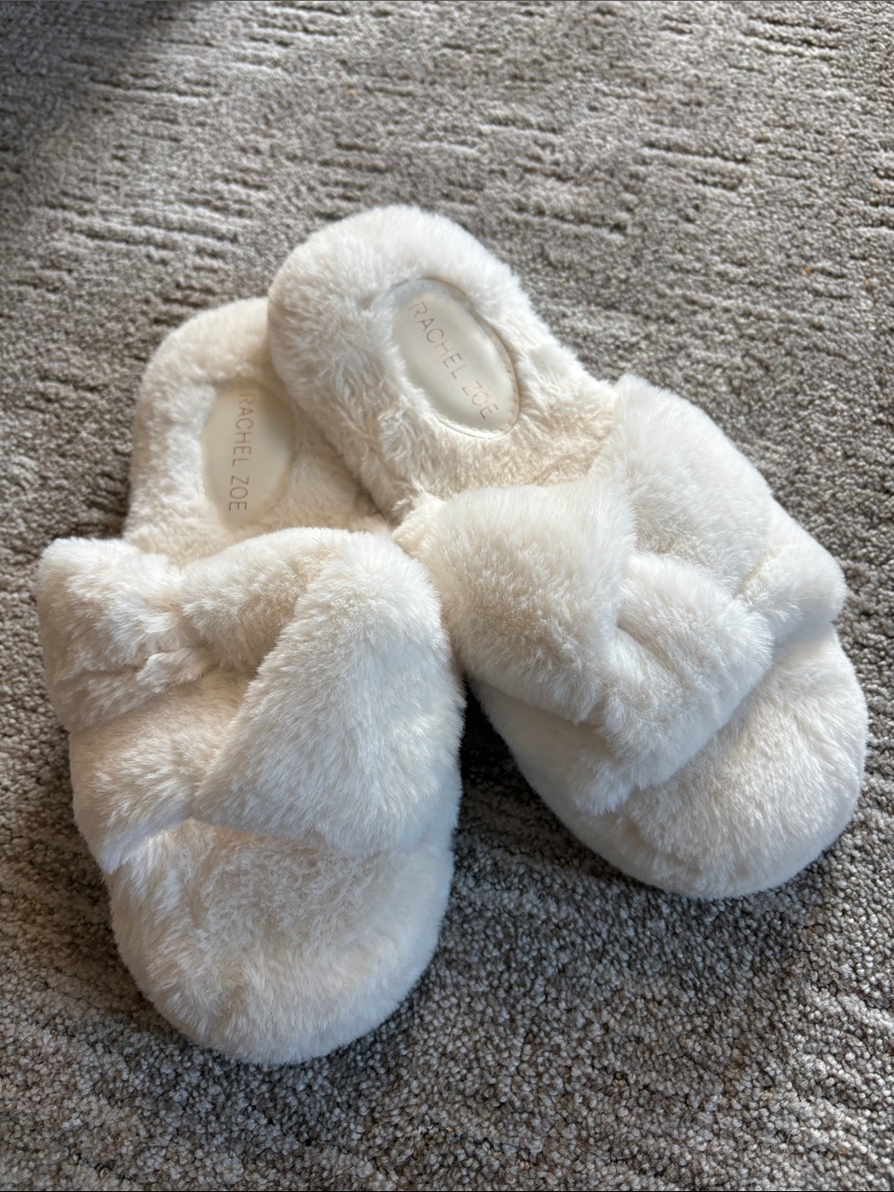 Rachel Zoe Plush Fuzzy Cream Crisscross Slide Slippers